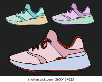 Cartoon athletic sneakers. Sport shoe pair group, fitness footwear design multicolored sneaker of active man woman walking or running comfortable footwear, Footwear Set Vector. Stylish Shoes. For Man 