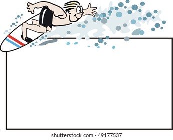 Cartoon of athletic surfer doing acrobatic twists and turns on surfboard with white square background.