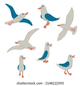 Caricatura de aves marinas atlánticas. 7 gaviotas en un estilo vectorial plano.