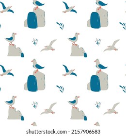 Cartoon atlantic seabird. Gulls, stones, splashes in a vector flat style. Marine seamless pattern.