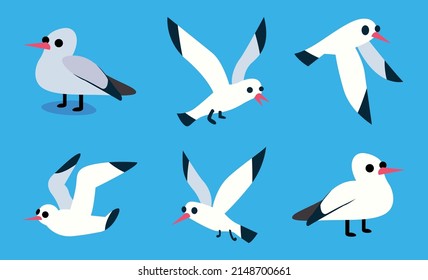 Caricatura de aves marinas del Atlántico, gaviota volando en cielo azul. aves ambientadas en el estilo de vector plano