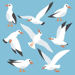 Cartoon Atlantic Seabird, Seagulls Flying In Blue Sky. Sea, Ocean, Gull, Bird In A Vector Flat Style 