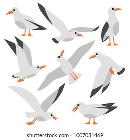 Cartoon atlantic seabird, seagulls flying on isolated white background. Sea, Ocean, Gull, bird in a vector flat style 