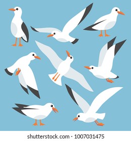 Cartoon atlantic seabird, seagulls flying in blue sky. Sea, Ocean, Gull, bird in a vector flat style 