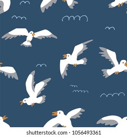 Cartoon atlantic seabird, seagulls flying vector doodle seamless pattern