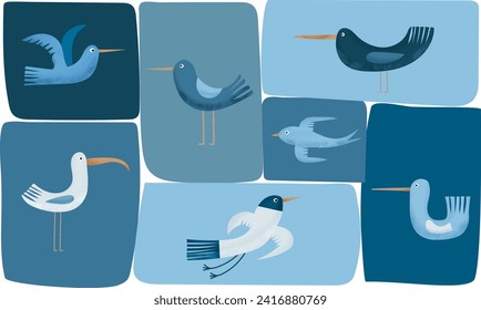 Cartoon atlantic seabirdSea, Ocean, Gull, bird set in a vector flat style. Big oceangull pack