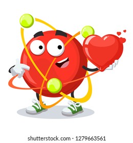 cartoon atom character mascot keeps the heart on white background