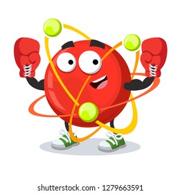 cartoon atom mascot in red boxing gloves on white background