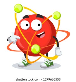 cartoon atom mascot showing himself on a white background isolated