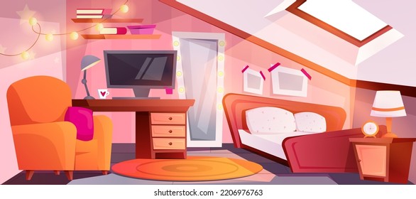 Tapa de caricatura en el interior de un acogedor dormitorio de chicas con espacio de estudio con escritorio, computadora y estanterías. Habitación adolescente mansard con cama, espejo y silla. Moderno loft apartamento adolescente bajo techo de madera