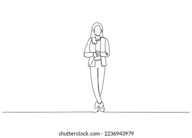 Cartoon of attractive businesswoman in suit posing while standing with arms crossed and looking at camera. One line art style
