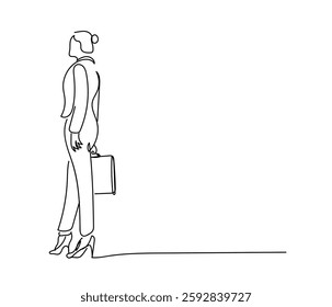 Cartoon of attractive businesswoman walking meeting wear blazer pants high heels. One line style art. Hand made vector not Al