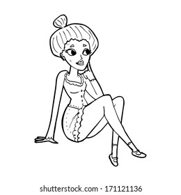 cartoon attractive woman sitting thinking