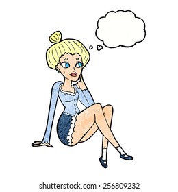 cartoon attractive woman sitting thinking with thought bubble