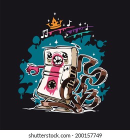 Cartoon Audio Cassette Tape on Dark Background. In the EPS file, each element is grouped separately.