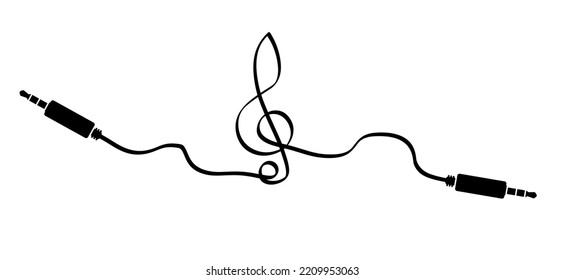 Cartoon audio jack plug, 35 mm. Stereo audio cable, jack connector. Vector music sound note. Audio element or tools. Plug wire logo or symbol. Wave line pattern.