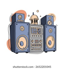 A cartoon audio system with two blue speakers, a central equalizer, and a helmet on top. The system is outlined in black.