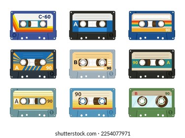 Cartoon-Tonbandkassetten. Musik-Audio-80er-Vintage-Bänder, alte analoge Tonkassette, flache Vektorgrafik auf weißem Hintergrund