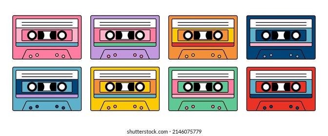 Cartoon audio tapes in different colorful. Vintage technology. Doodle style. Retro audio cassettes. Vector illustration.