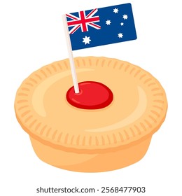 Cartoon Aussie meat pie drawing for Australia Day. Traditional pie with beef mince filling and Australian flag. Isolated vector clip art illustration.