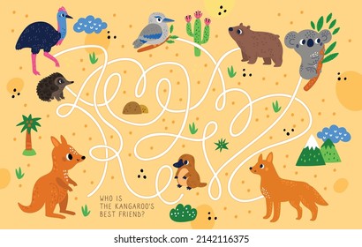 Cartoon Australian animals. Exotic fauna maze. Kids educational game. Children entertaining puzzle with funny creatures. Ostrich or platypus. Kangaroo finding way in - Shutterstock ID 2142116375