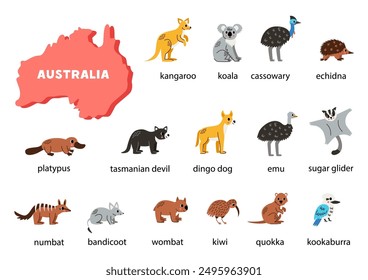 Cartoon Australian animals set with names and map of Australia.