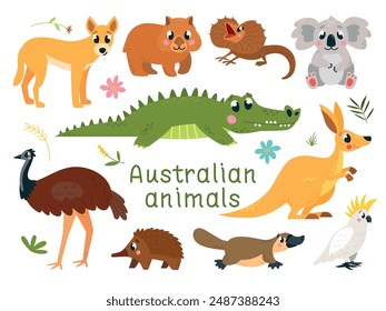 Dibujos animados de animales australianos. Animal exótico salvaje, mascotas infantiles. Divertidos mamíferos, koala canguro wombat dingo perro. Personajes de Vector con clase