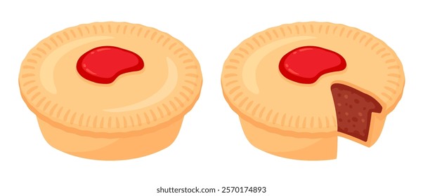 Cartoon Australian meat pie drawing. Traditional pie with beef mince filling, whole and cut. Isolated vector clip art illustration.