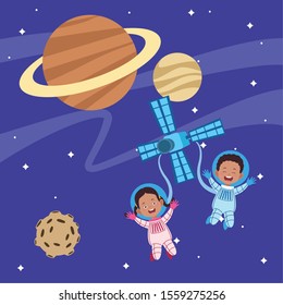 cartoon austronauts kids in the space with planets and satellite, colorful design. vector illustration