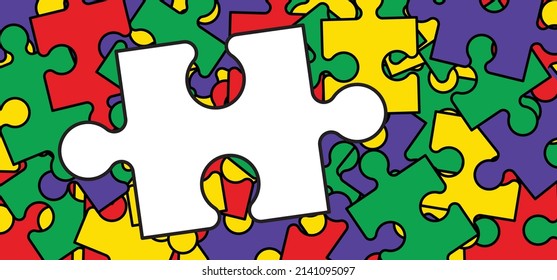 Cartoon autism ribbon. Vector world awareness day. Jigsaw line pattern. puzzle pieces icon or pictogram. Autism spectrum disorder (ASD) is a neurological and developmental disorder with social skills.