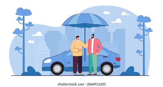 Cartoon auto driver and safety worker standing on car under umbrella background. Rental car insurance flat vector illustration. Security policy, assurance assistance concept