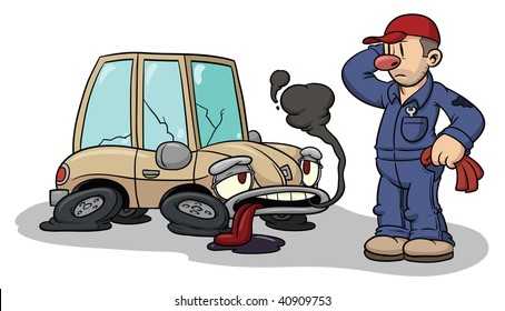 Cartoon Auto Mechanic With Broken Car. All Elements In Separate Layers For Easy Editing.