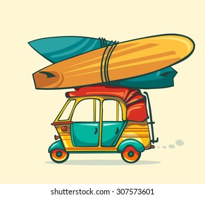 Cartoon auto rickshaw with surfboards on a yellow background. Summer sport illustration. 