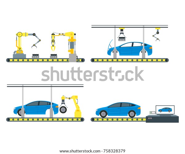 Cartoon Automated Machinery\
Manufacturing with Robotic Arm and Manipulator Color Icon Set\
Industrial Automated System Flat Design Style. Vector\
illustration