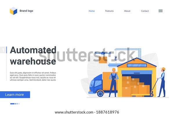 Cartoon automated warehouse landing page,\
warehousing business delivery company, worker characters packaging\
containers on truck in storehouse, loading boxes. Warehouse service\
vector illustration