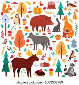 Cartoon autumn animals. Cute woodland birds and animals, moose duck wolf and squirrel, wild woods fauna isolated vector illustration icons set. Raccoon and hog, rabbit, tree woodland, bird and bear