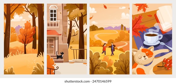 Cartoon autumn background set vector illustration. Natural fall scenes for card, banner, social network post or stories template. Happy family in the park, cute street, autumn park landscape.