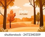 Cartoon autumn background vector illustration. Natural fall landscape with trees and hills. Park or forest in harvest season. Flat autumnal outdoor art for camping, traveling. Fall september banner