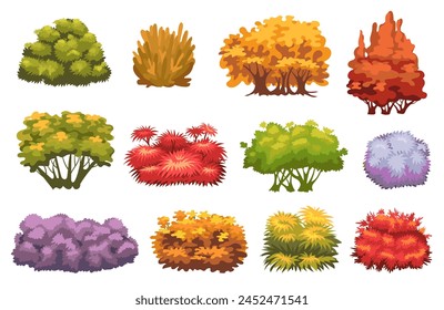 Cartoon autumn bushes. Fading garden plants. Color shrub trees. Decorative hedges. Botanical landscape elements. Yellow foliage and fall leaves. Natural shrubberies