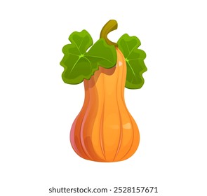 Desenho animado outono butternut abóbora adornada com folhas verdes exuberantes. Vetor isolado maduro e vegetal de jardim vibrante captura a essência da queda, evocando sentimentos de colheita e festividades sazonais