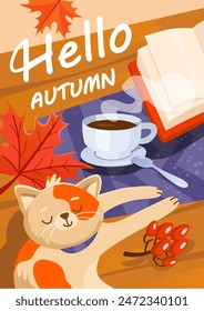 Tarjeta de otoño de dibujos animados con una taza de café con leche de especias de calabaza, gato, hojas de arce y libro. Acogedora Ilustración vectorial de otoño. Lindo diseño de fondo estacional para Anuncio, póster, tarjeta, libro, redes sociales