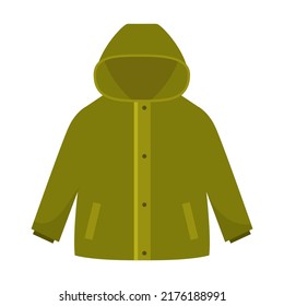 Cartoon autumn childrens green jacket with hood. Vector cloth for autumn design.