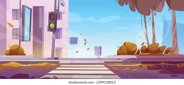 Cartoon autumn city street landscape with sidewalk and traffic light near road with crosswalk, buildings and trees with brown leaves. Vector town fall scenery with pavement and pedestrian pathway.