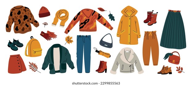 Cartoon autumn clothing. Fall season wears. Shoes and accessories. Knitted scarves. Hats and gloves. Folding umbrella. Trousers and sweater. Garish vector isolated casual