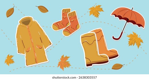 Cartoon autumn elements. Autumn clothes and items. Folding umbrella. Raincoat. Rubber boots. Cozy clothes and symbols