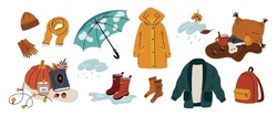 Cartoon Autumn Elements. Fall Clothing And Objects. Folding Umbrella. Raincoat And Warm Hat. Rubber Boots. Rain Clouds. Pumpkin And Hygge Book. Cozy Wears And Symbols
