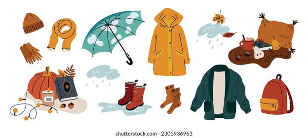 Cartoon autumn elements. Fall clothing and objects. Folding umbrella. Raincoat and warm hat. Rubber boots. Rain clouds. Pumpkin and Hygge book. Cozy wears and symbols