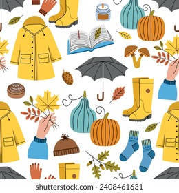 Cartoon autumn elements. Repeated fall objects, rubber boots, umbrella and raincoat, cozy mood items, warm clothes, vector seamless pattern.eps
