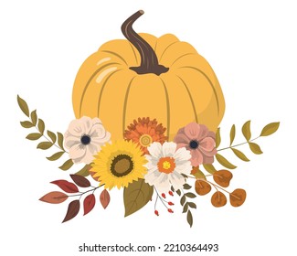 Cartoon autumn floral pumpkins with flowers and forest leaves clipart. Isolated on white background. Seasonal harvest design for greeting or poster.