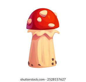 Cartoon autumn fly agaric mushroom featuring a red cap with white spots and thick stem, evokes feelings of autumnal season and fantasy woodland. Isolated vector fungus, natural forest plant